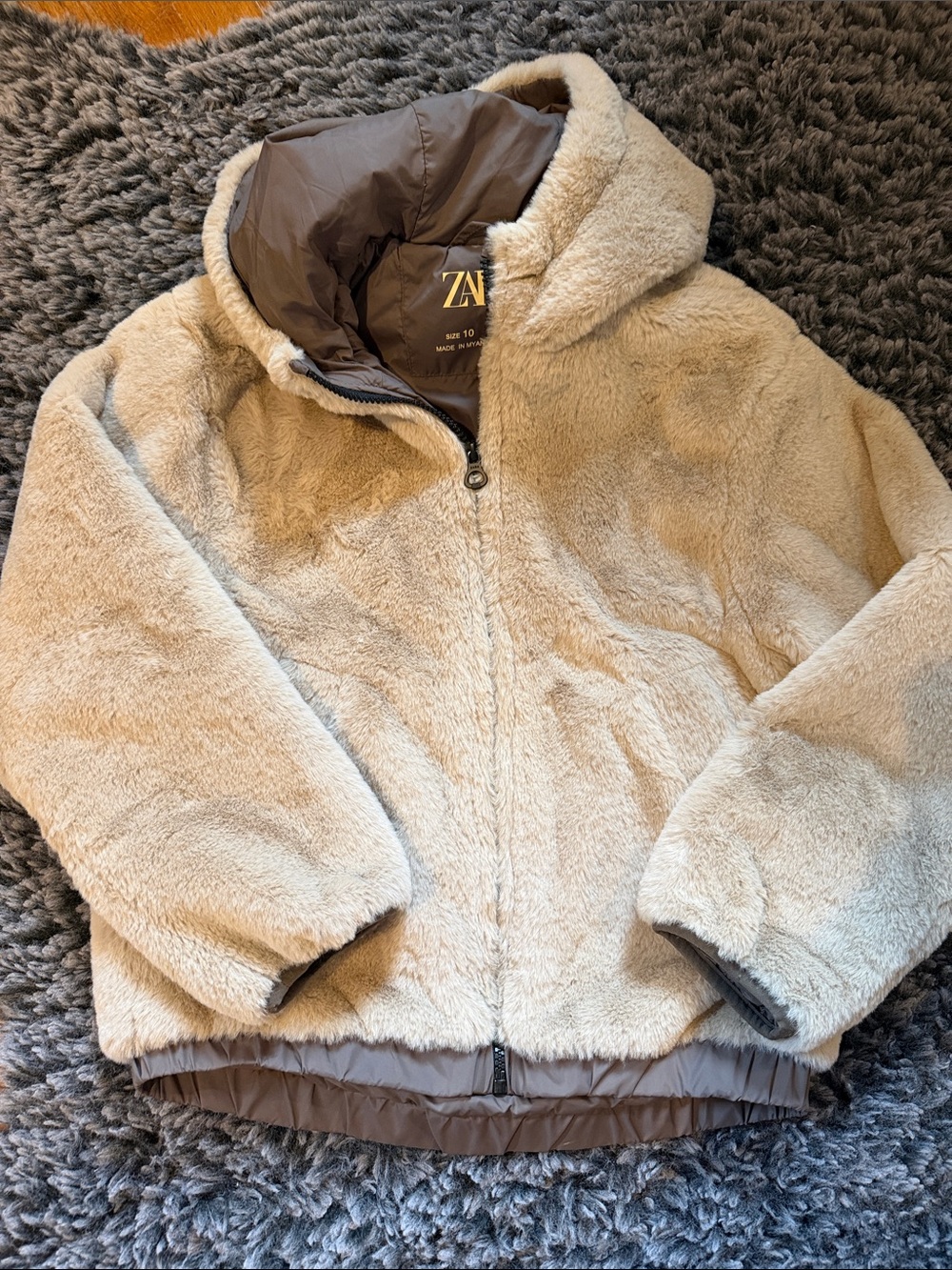 Zara Kids Beige Faux-Fur Hooded Puffer Jacket